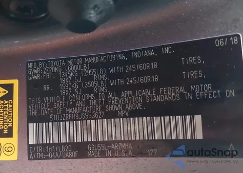 2018 Toyota Highlander Xle z USA, uszkodzony, nr VIN 5TDJZRFH9JS553627